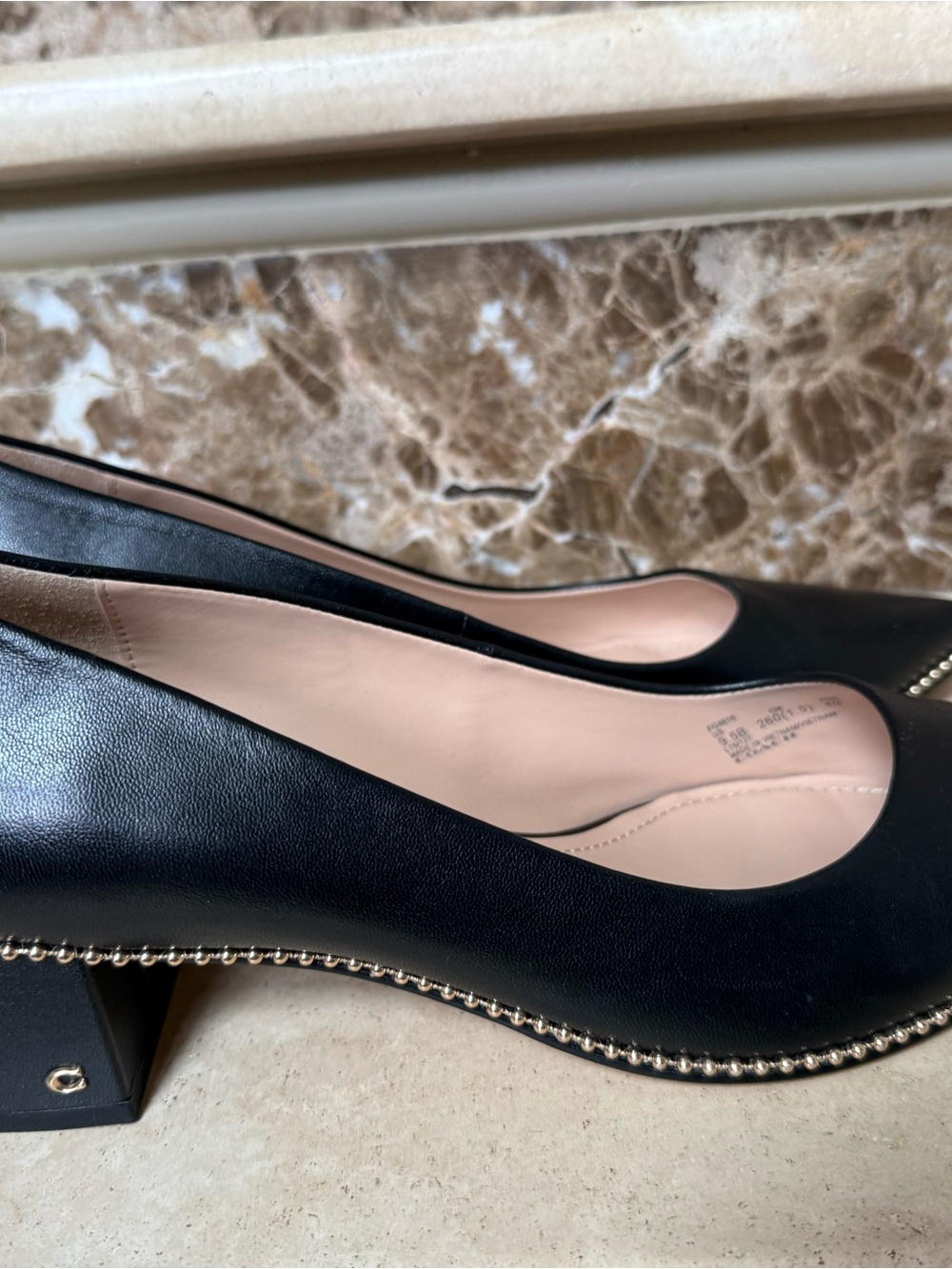 Coach Black Pointed Low Block Heel Pumps with Gold Stud Trim - Picture 5 of 16